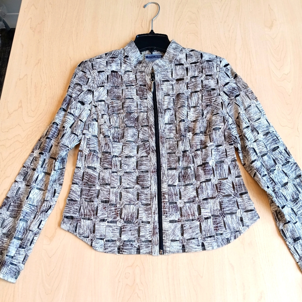 Stillman Studio "L" Genuine Lamb Skin womans jacket with fuax reptile print.